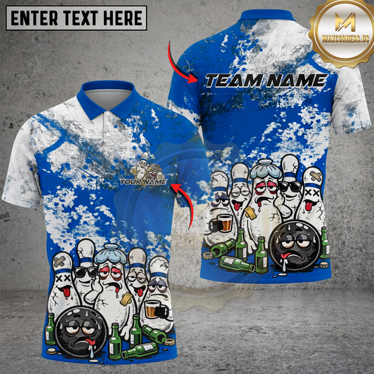 Maxcorners Bowling Shirt Funny Drunk Pins Cartoon Party Graphic Multicolor Options Personalized Name, Team Name 3D Shirt (4 Colors)