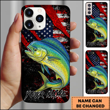 Maxcorners Fishing Mahi-Mahi American Flag Patriotic Grunge Personalized Name Phone Case