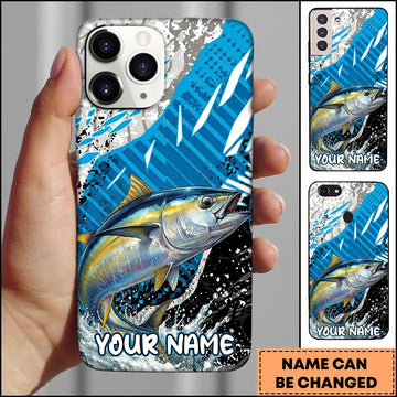 Maxcorners Fishing Jumping Tuna Blue Geometric Splash Art Personalized Name Phone Case