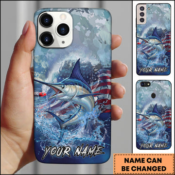 Maxcorners Marlin Fishing Ocean Wave Patriotic Camouflage Personalized Name Phone Case