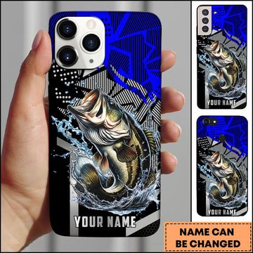 Maxcorners Fishing Dynamic Blue Geometric Splash Art Personalized Name Phone Case (10 Fish Species)