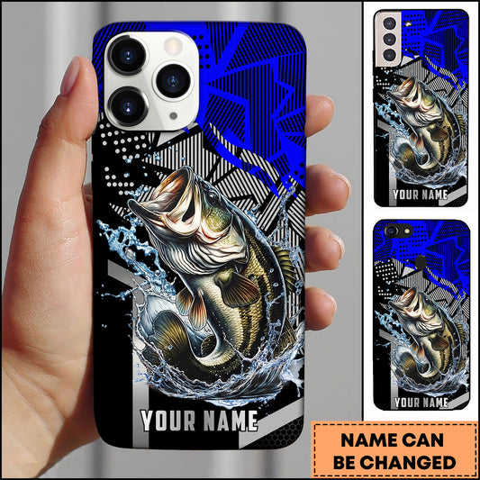Maxcorners Fishing Dynamic Blue Geometric Splash Art Personalized Name Phone Case (10 Fish Species)