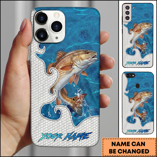 Maxcorners Redfish Fishing Ocean Blue Wave Scale Pattern Splash Personalized Name Phone Case