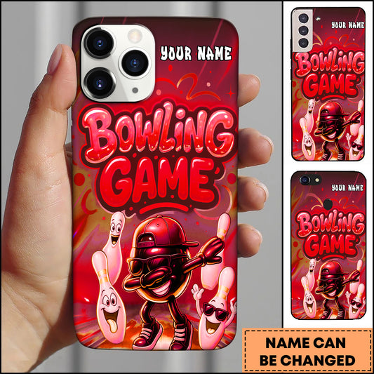 Maxcorners Bowling Phone Case Neon Bowling Ball And Pins Cartoon Party Style Personalized Name Phone Case | Red