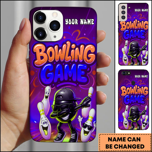 Maxcorners Bowling Phone Case Neon Bowling Ball And Pins Cartoon Party Style Personalized Name Phone Case | Purple
