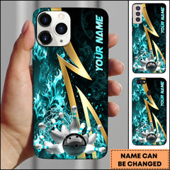 Maxcorners Bowling Phone Case Gold Lightning Bowling Strike Red Fire Background Personalized Name Phone Case | Cyan
