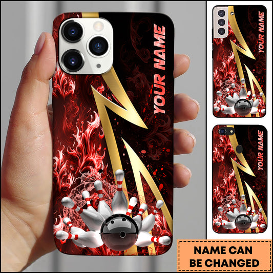 Maxcorners Bowling Phone Case Gold Lightning Bowling Strike Red Fire Background Personalized Name Phone Case | Red