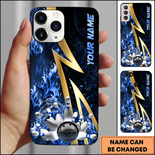 Maxcorners Bowling Phone Case Gold Lightning Bowling Strike Red Fire Background Personalized Name Phone Case | Blue