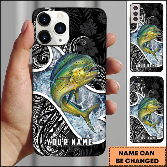 Maxcorners Mahi-Mahi Fishing Tribal Pattern Black White Water Splash Personalized Name Phone Case