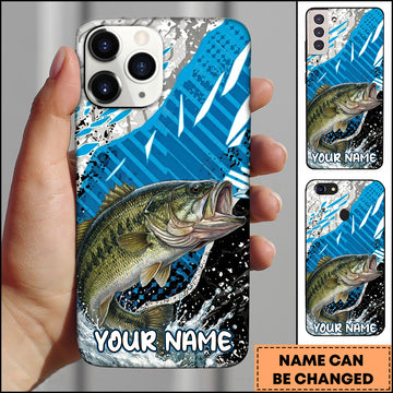 Maxcorners Fishing Jumping Bass Blue Geometric Splash Art Personalized Name Phone Case