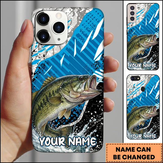 Maxcorners Fishing Jumping Bass Blue Geometric Splash Art Personalized Name Phone Case