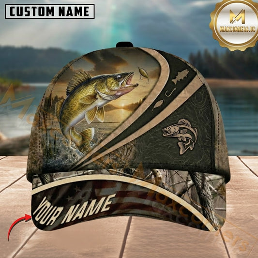 Maxcorners Fishing Rustic Camo Sunset American Flag Customized Name 3D Cap
