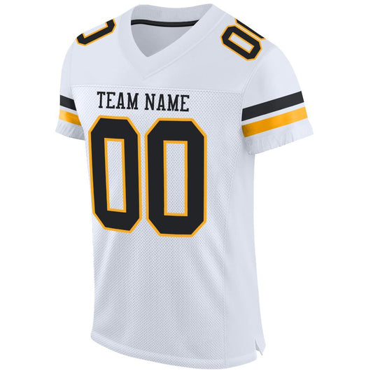 Maxcorners Custom White Black-Gold Mesh Authentic Football Jersey LM2605