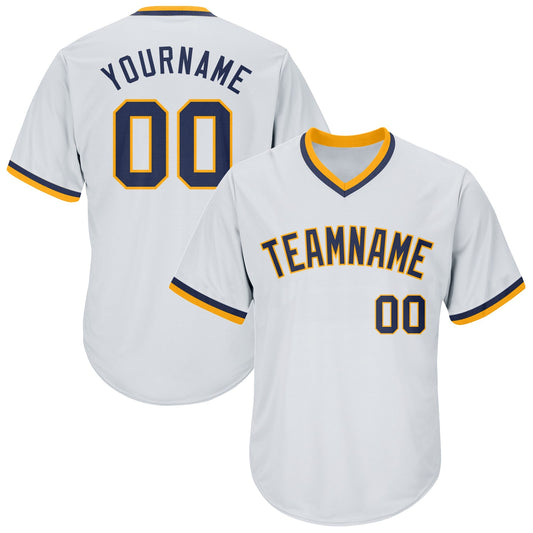 Maxcorners Custom White Navy-Gold Authentic Throwback Rib-Knit Baseball Jersey Shirt LM2605