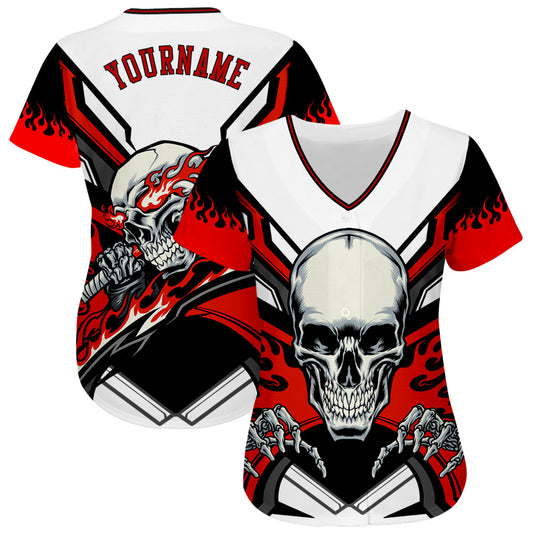 Maxcorners Custom White Red-Black 3D Skull Authentic Baseball Jersey LM2605