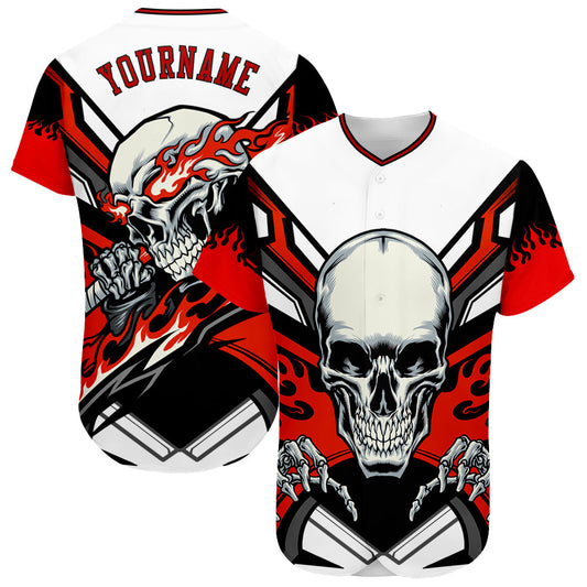 Maxcorners Custom White Red-Black 3D Skull Authentic Baseball Jersey LM2605