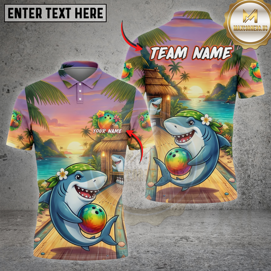 Maxcorners Tropical Shark Bowling Shirt Sunset Beach Shark Aloha Design Multi Options Personalized Name, Team Name 3D Shirt