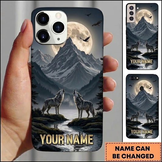 Maxcorners Hunting Howling Wolves Blue Moonlit Mountain Lake Customized Name Phone Case
