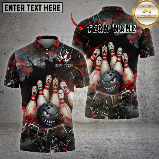 Maxcorners Bowling Horror Strike Shirt Scary Pins Angry Ball Design Multicolor Options Personalized Name, Team Name 3D Shirt (4 Colors)