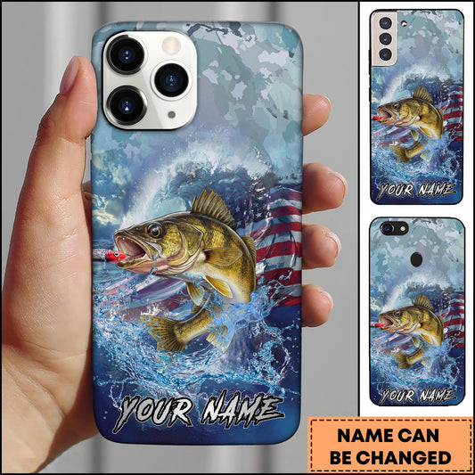 Maxcorners Walleye Fishing Ocean Wave Patriotic Camouflage Personalized Name Phone Case