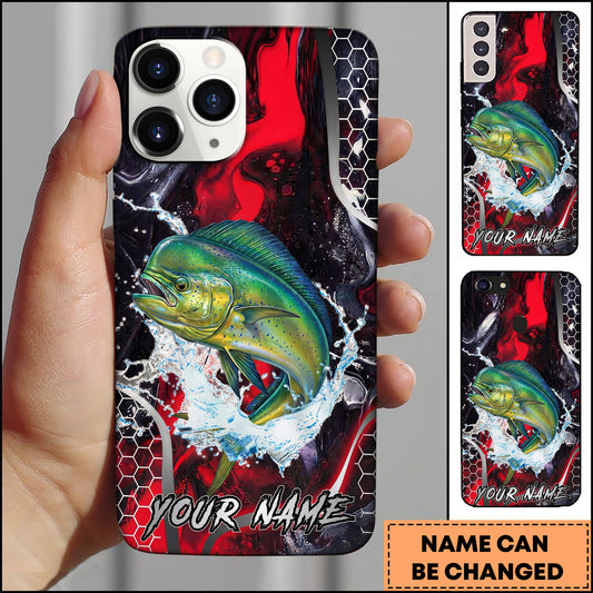 Maxcorners Mahi-Mahi Fishing Red Black Abstract Lightning Splash Personalized Name Phone Case