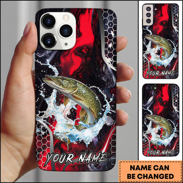 Maxcorners Pike Fishing Red Black Abstract Lightning Splash Personalized Name Phone Case