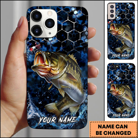 Maxcorners Bass Fishing Phone Case Blue Ocean Hexagon Lure Art Design Custom Angler Name Phone Case (12 Fish Species)