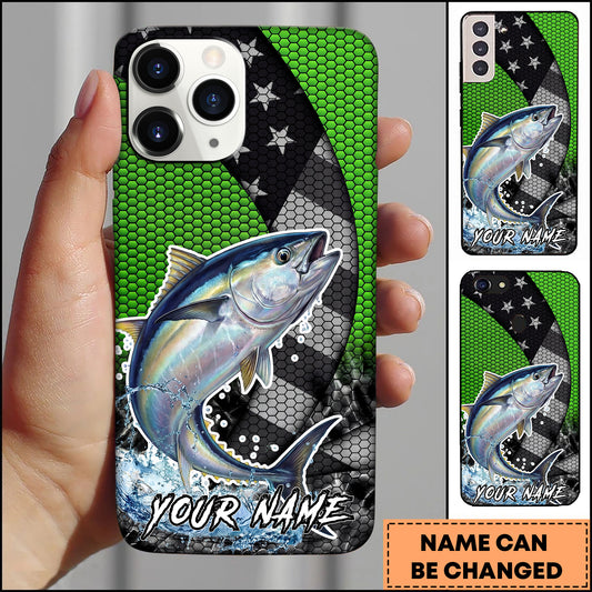 Maxcorners Tuna Fishing Neon Green Honeycomb Wave Splash Personalized Name Phone Case