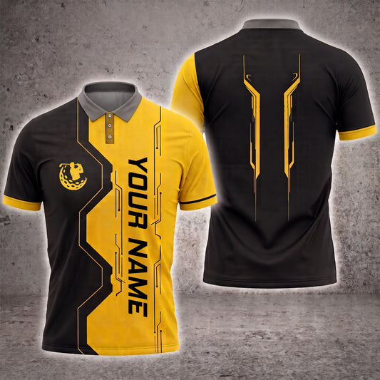 Maxcorners Cyber Gold 3D Golf Personalized Name Polo Shirts
