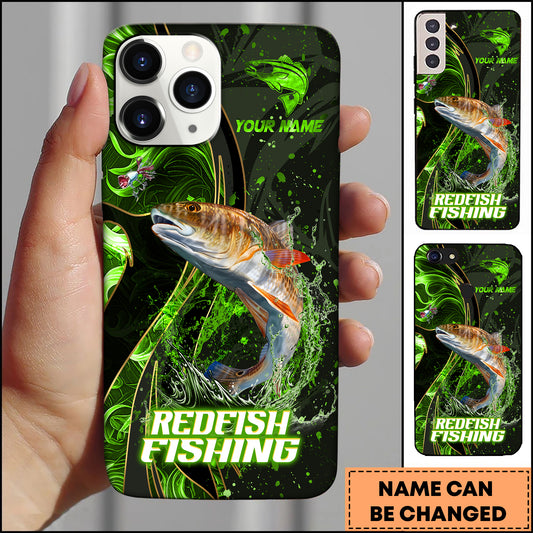 Maxcorners Redfish Fishing Green Flame Splash Golden Line Personalized Name 3D Phone Case