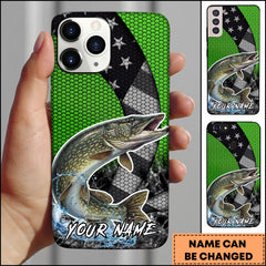 Maxcorners Pike Fishing Neon Green Honeycomb Wave Splash Personalized Name Phone Case
