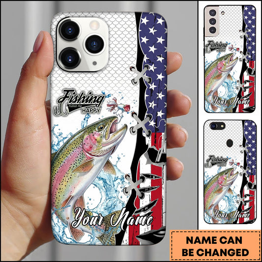 Maxcorners Trout Fishing American Flag Patriotic Water Splash Personalized Name Phone Case