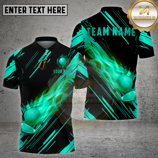 Maxcorners Golf Black Gold Flaming Crown Ball Luxury Style Multi Options Personalized Name, Team Name 3D Shirt