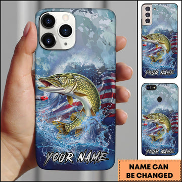 Maxcorners Pike Fishing Ocean Wave Patriotic Camouflage Personalized Name Phone Case