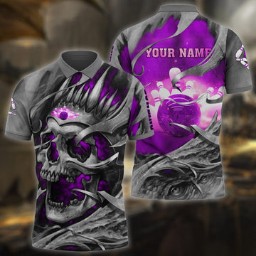 Maxcorners Bowling Skull Pattern Multicolor Customized Name 3D Polo Shirt
