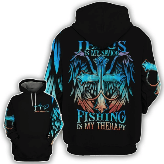 Maxcorners Jesus Hoodie Jesus Is My Savior Fishing Is My Therapy 3D Shirt