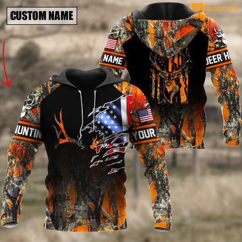 Maxcorners Custom Name Premium Black Tear Flag Antler Deer Hunting Hoodies 3D