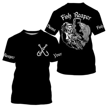 Black Fish Reaper Fish On Fish Skeleton Customize Name Unisex Fishing Shirt