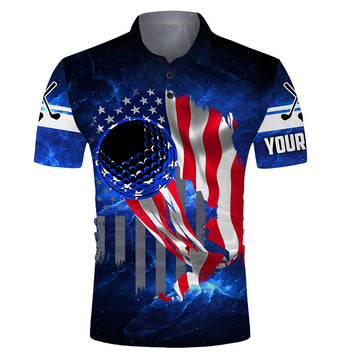 Maxcorners Golf Blue Galaxy Universe American Flag Customized Name All Over Printed Unisex Shirt