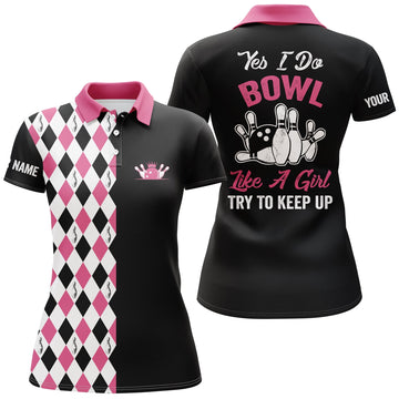 Maxcorners Yes I Do Bowl Like A Girl, Try To Keep Up Customized Name All Over Printed Shirt For Women