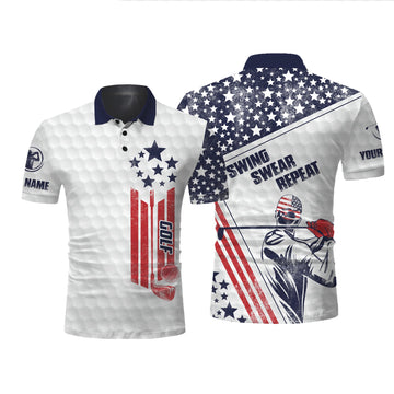 Maxcorners Golf White American Flag Swing Swear Repeat Customized Name All Over Printed Unisex Shirt