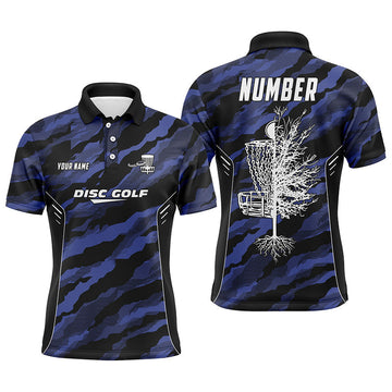 Max Corner Camo Pattern Mens Golf Polo Shirts, Custom Navy Camo Golf Shirt Disc Golf Shirts For Mens