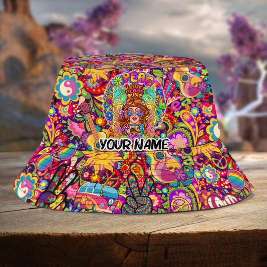 Maxcorners Personalized Love Peace Music Bucket Hat