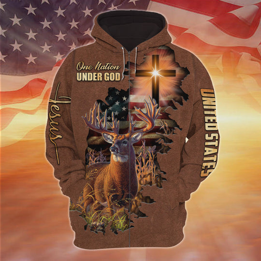 Maxcorners Premium One Nation Under God Deer Hunting Zipper Hoodies 3D1 HM