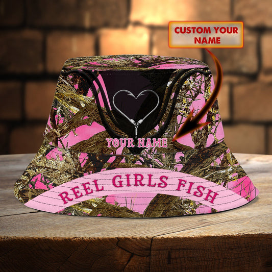 Maxcorners Reel Girls Fish Personalized Name Bucket Hat PT01