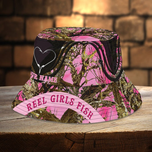 Maxcorners Reel Girls Fish Personalized Name Bucket Hat PT01