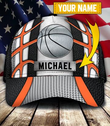 Maxcorners Basketball Grey Orange Personalized Name All Over Printed Cap