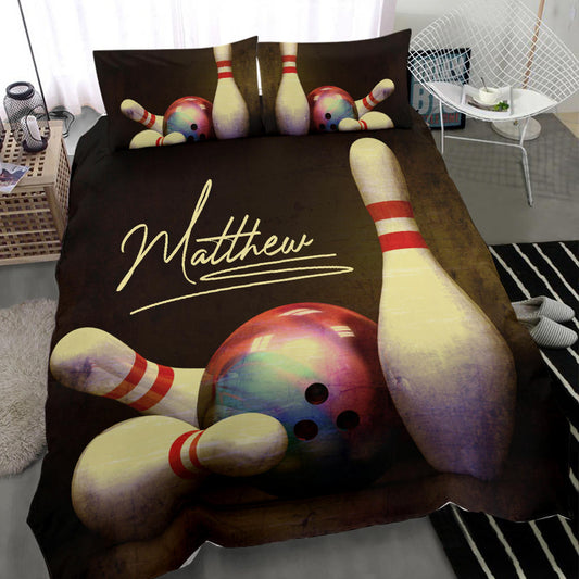 Maxcorners Bowling Pin Ball Bowler Vintage Player Personalized Name 3D Bedding Set