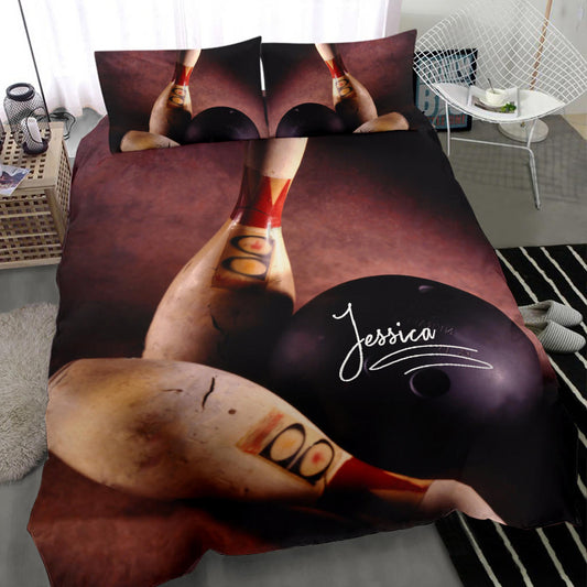 Maxcorners Bowling Pin Ball Vintage Player Personalized Name 3D Bedding Set