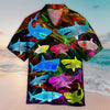 Maxcorners Unisex Fish Neon Glowing Shark Blue And Violet Hawaiian Shirt
